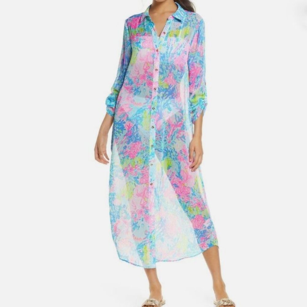 Lilly Pulitzer Natalie Fished my Wish Maxi Chiffon Blue Cover-up Size M